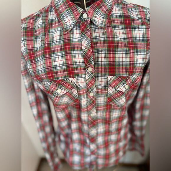 Abercrombie red plaid snap front long sleeve top size small 95 % cotton - Picture 8 of 11